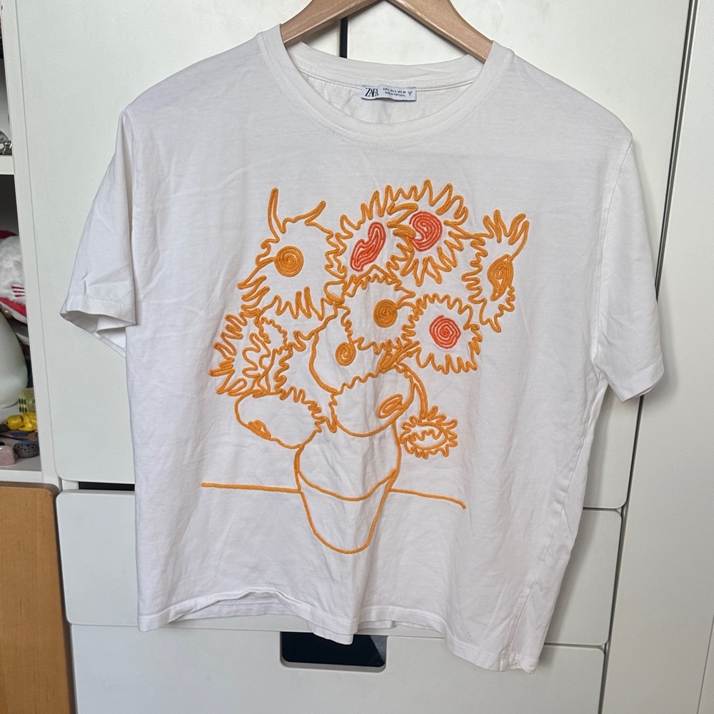 Zara White Tee with Orange & Coral Sunflower Embroidery